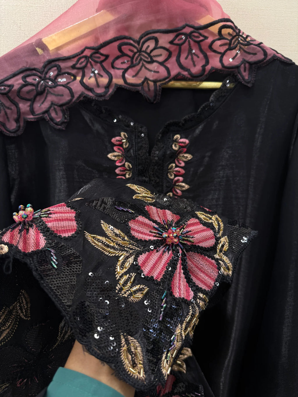Elegant Farsi Style Black Farshi Salwar Suit Set in Roman Glass Silk with Floral Embroidery, Sequence & Rivet Moti Work, Fully Stitched, GMY Silk Dupatta