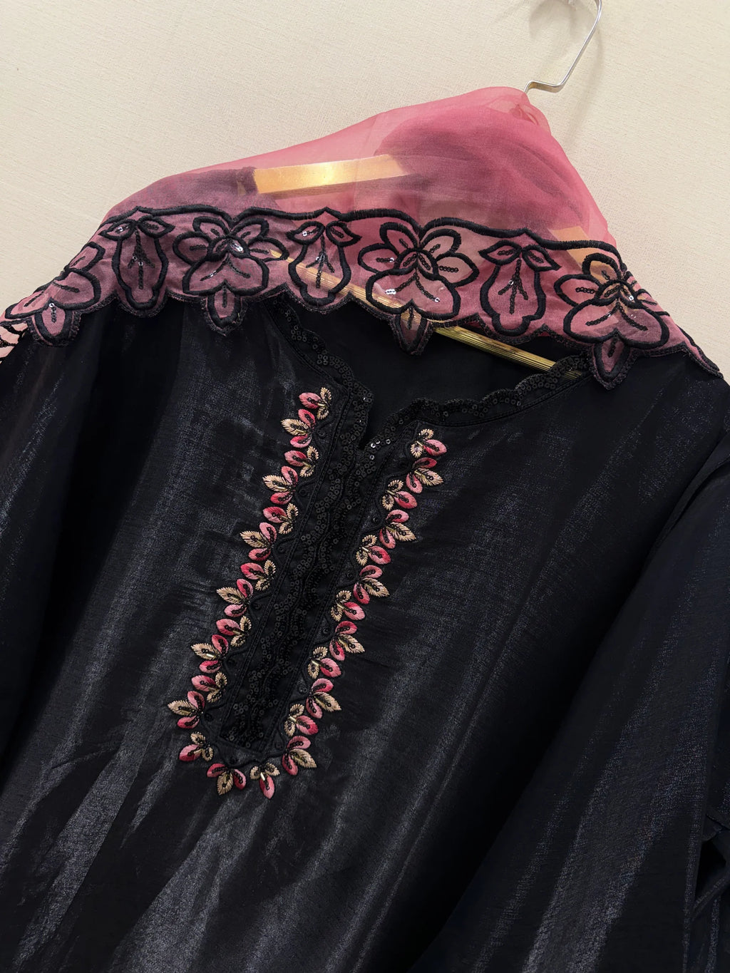 Elegant Farsi Style Black Farshi Salwar Suit Set in Roman Glass Silk with Floral Embroidery, Sequence & Rivet Moti Work, Fully Stitched, GMY Silk Dupatta
