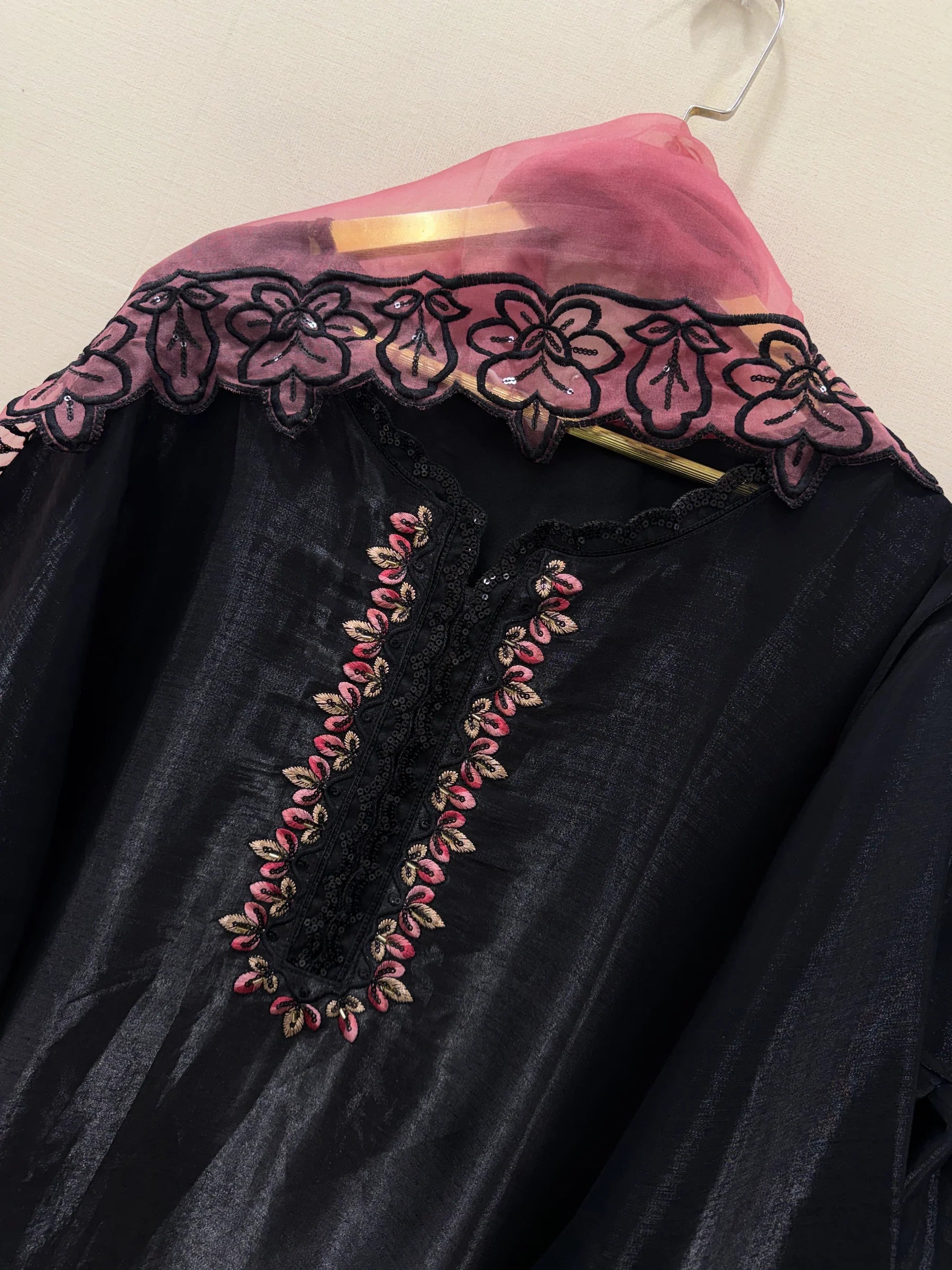 Elegant Farsi Style Black Farshi Salwar Suit Set in Roman Glass Silk with Floral Embroidery, Sequence & Rivet Moti Work, Fully Stitched, GMY Silk Dupatta