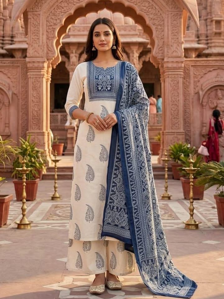 Cotton Kurti With Classy Block print & Indigo flex plazzo and mul Cotton dupatta