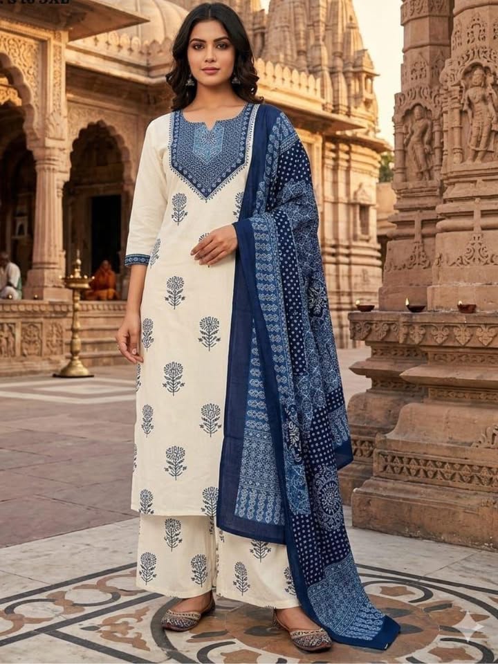 Cotton Kurti With Classy Block print & Indigo flex plazzo and mul Cotton dupatta