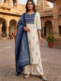 Cotton Kurti With Classy Block print & Indigo flex plazzo and mul Cotton dupatta