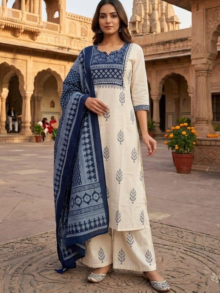 Cotton Kurti With Classy Block print & Indigo flex plazzo and mul Cotton dupatta