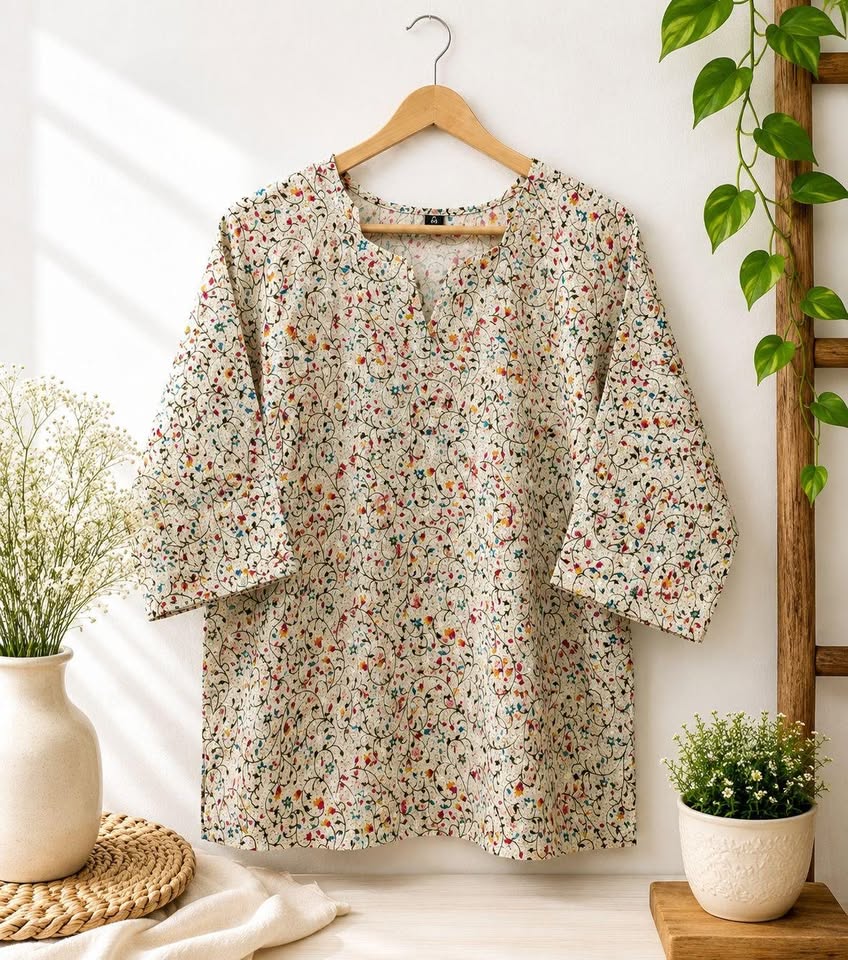 Elegant Short Kurti Crafted from Premium Jaipur Cotton with Classic Print Details