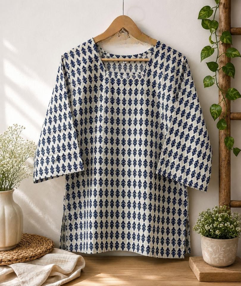 Elegant Short Kurti Crafted from Premium Jaipur Cotton with Classic Print Details
