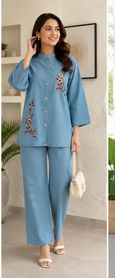 Embroidered Denim Co-ord Set Featuring Matching Kurti and Palazzo Pants with Detailed Stitch Work
