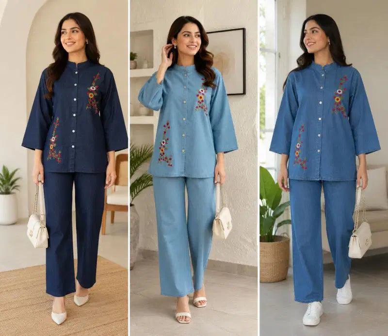 Embroidered Denim Co-ord Set Featuring Matching Kurti and Palazzo Pants with Detailed Stitch Work