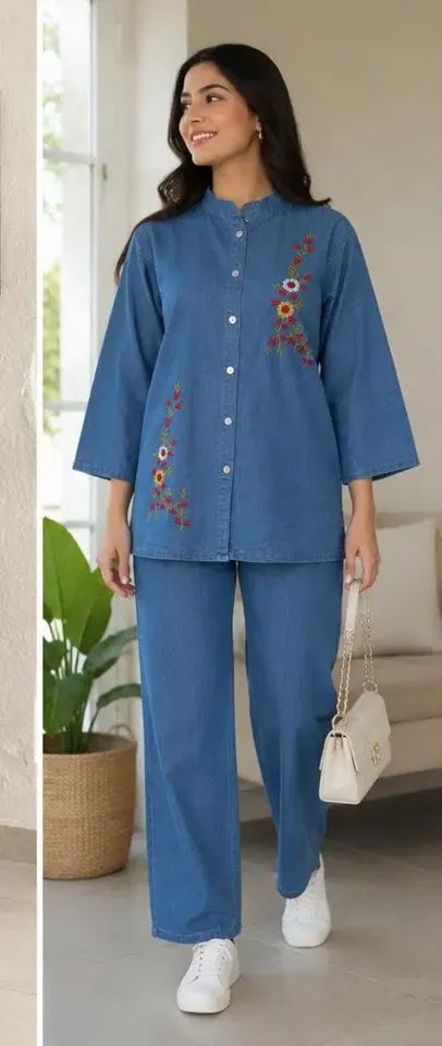 Embroidered Denim Co-ord Set Featuring Matching Kurti and Palazzo Pants with Detailed Stitch Work