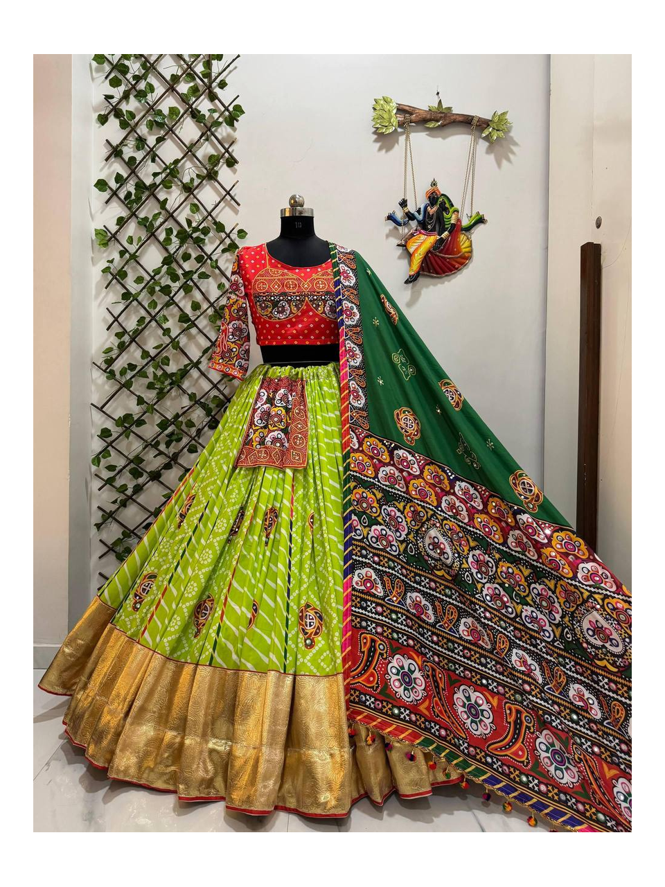 Navratri Special Heavy Muslin Cotton Lehenga Set Showcasing Digital Print, Real Mirror Work, Lampi Lace Border And Unstitched Choli With Matching Dupatta