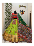 Navratri Special Heavy Muslin Cotton Lehenga Set Showcasing Digital Print, Real Mirror Work, Lampi Lace Border And Unstitched Choli With Matching Dupatta