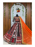 Maslin Cotton Lehenga Featuring Digital Mirror Print, Canvas Patta Border, Handmade Codi‑Lace, Paired With Georgette Sequined Dupatta and Heavy Maslin Cotton Choli