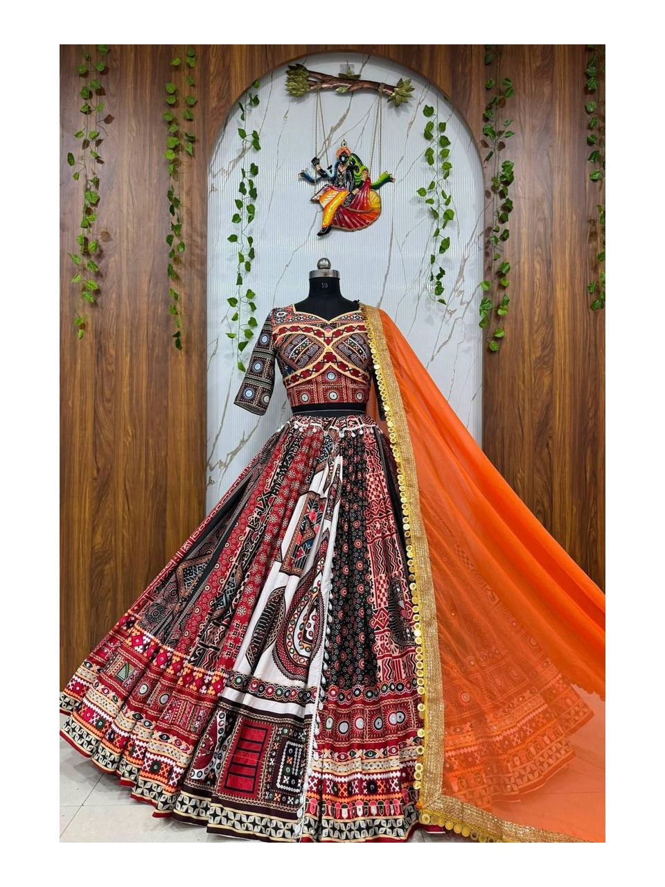 Maslin Cotton Lehenga Featuring Digital Mirror Print, Canvas Patta Border, Handmade Codi‑Lace, Paired With Georgette Sequined Dupatta and Heavy Maslin Cotton Choli