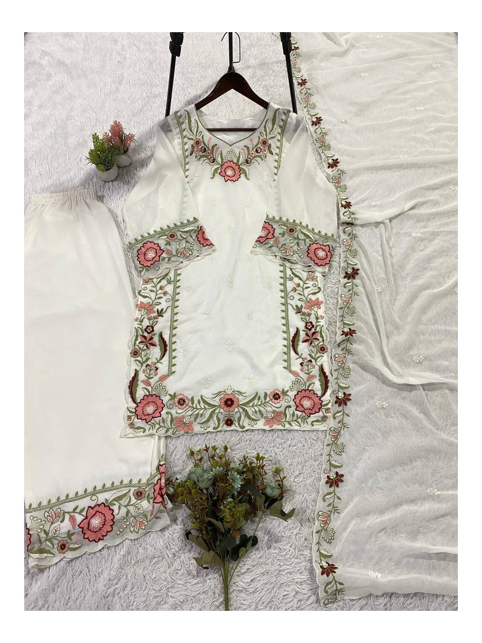 Elegant Embroidered Fox Georgette Top with Flowing Plazzo Pants and Matching Dupatta Set