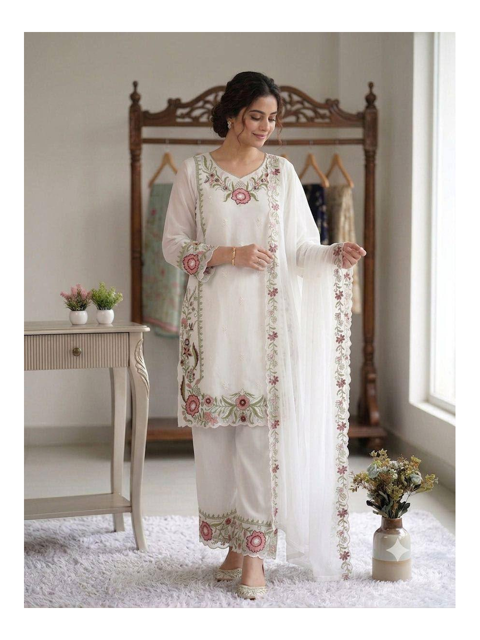 Elegant Embroidered Fox Georgette Top with Flowing Plazzo Pants and Matching Dupatta Set