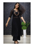 Classic Black Georgette Three-Piece Suit Set with Designer Keyhole Neck, Golden Thread Embroidered Outer Kurti, Matching Georgette Blouse and Pants, 3/4 Sleeve