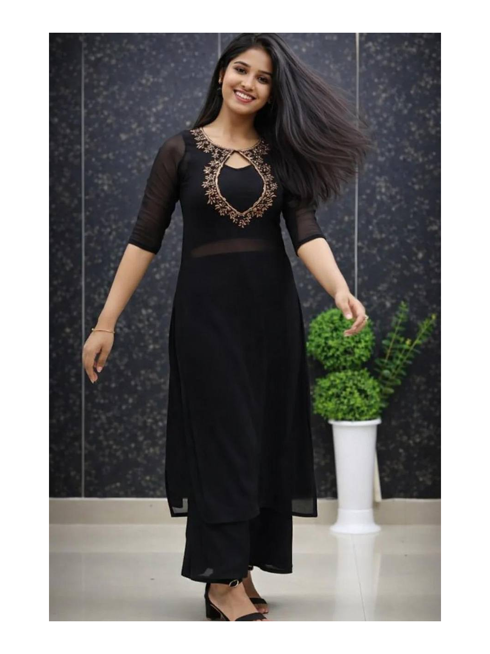 Classic Black Georgette Three-Piece Suit Set with Designer Keyhole Neck, Golden Thread Embroidered Outer Kurti, Matching Georgette Blouse and Pants, 3/4 Sleeve