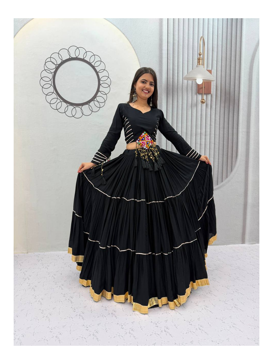 Traditional Navratri Style Cotton Choli with Cups Paired With Flowy 9 Meter Lehenga