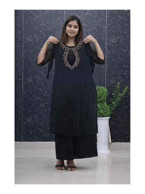 Classic Black Georgette Three-Piece Suit Set with Designer Keyhole Neck, Golden Thread Embroidered Outer Kurti, Matching Georgette Blouse and Pants, 3/4 Sleeve