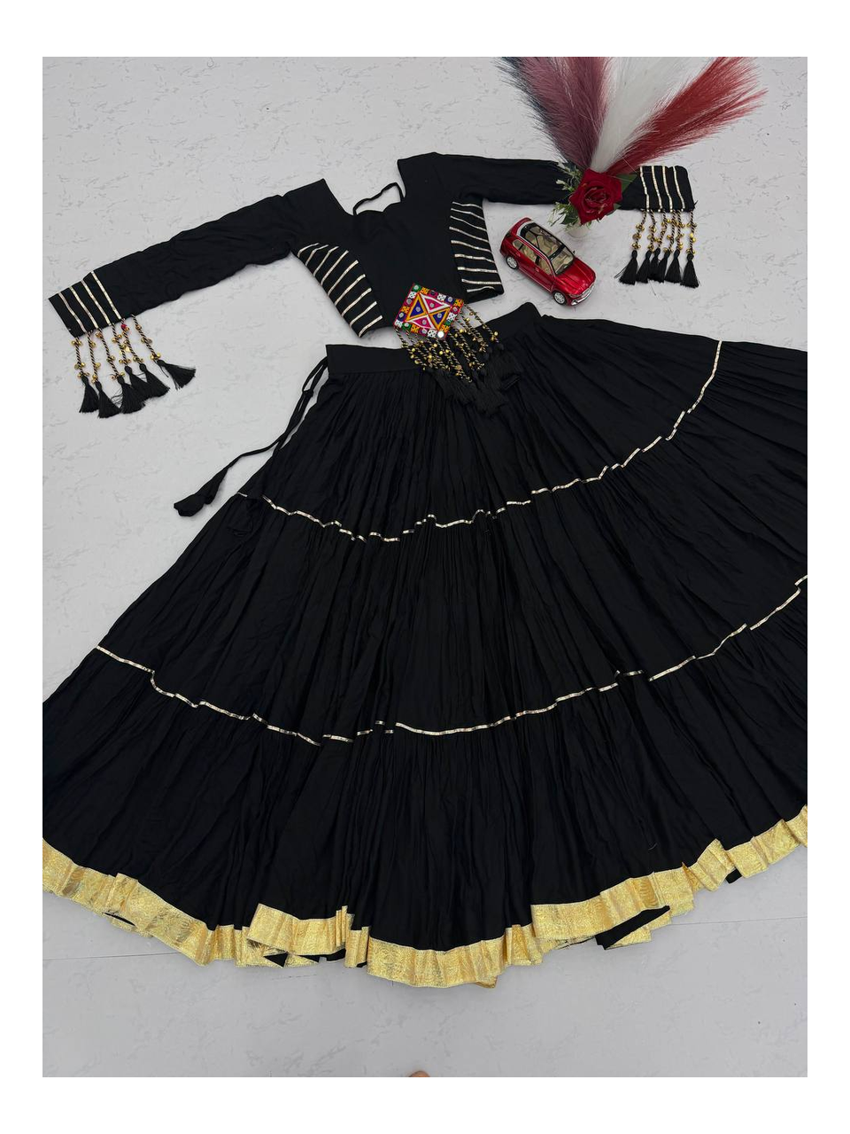 Traditional Navratri Style Cotton Choli with Cups Paired With Flowy 9 Meter Lehenga