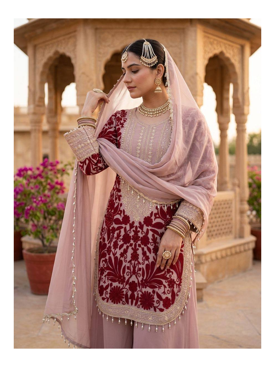Heavy Faux Georgette Designer Party Wear Set – Embroidered Full Sleeve Top, Matching Pant, and Lace‑Border Dupatta with Chain Stitch Details