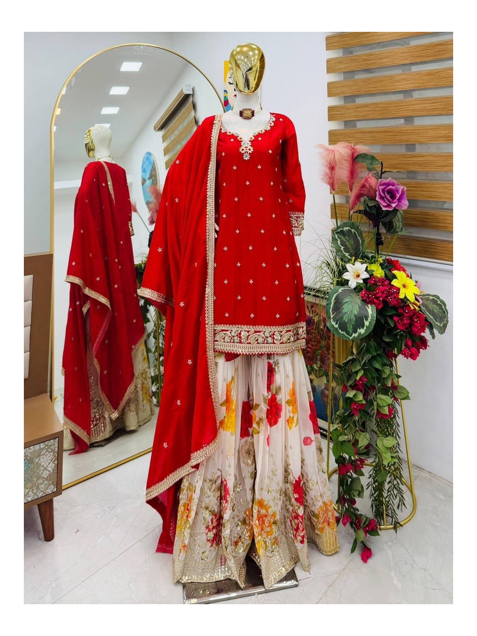 Chinon Silk Embroidered Sharara Suit Set with Fox Georgette Sharara, Sequined Work, Round Neck Top and Silk Dupatta