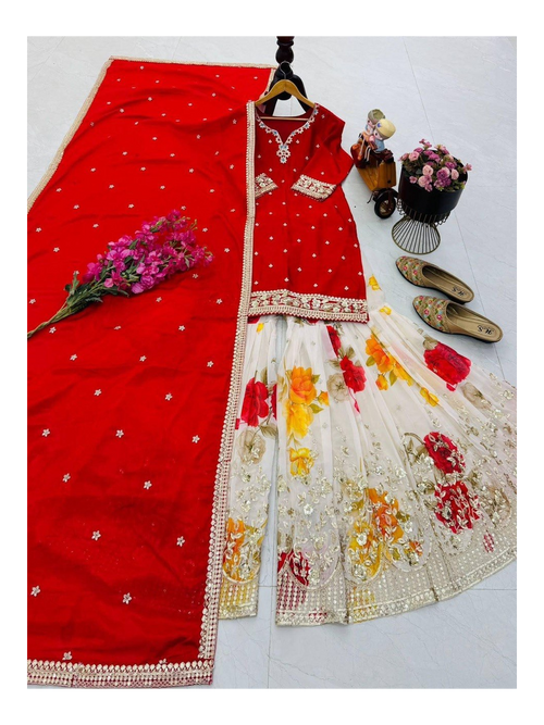 Chinon Silk Embroidered Sharara Suit Set with Fox Georgette Sharara, Sequined Work, Round Neck Top and Silk Dupatta