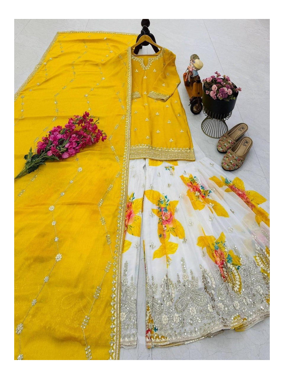 Chinon Silk Embroidered Sharara Suit Set with Fox Georgette Sharara, Sequined Work, Round Neck Top and Silk Dupatta