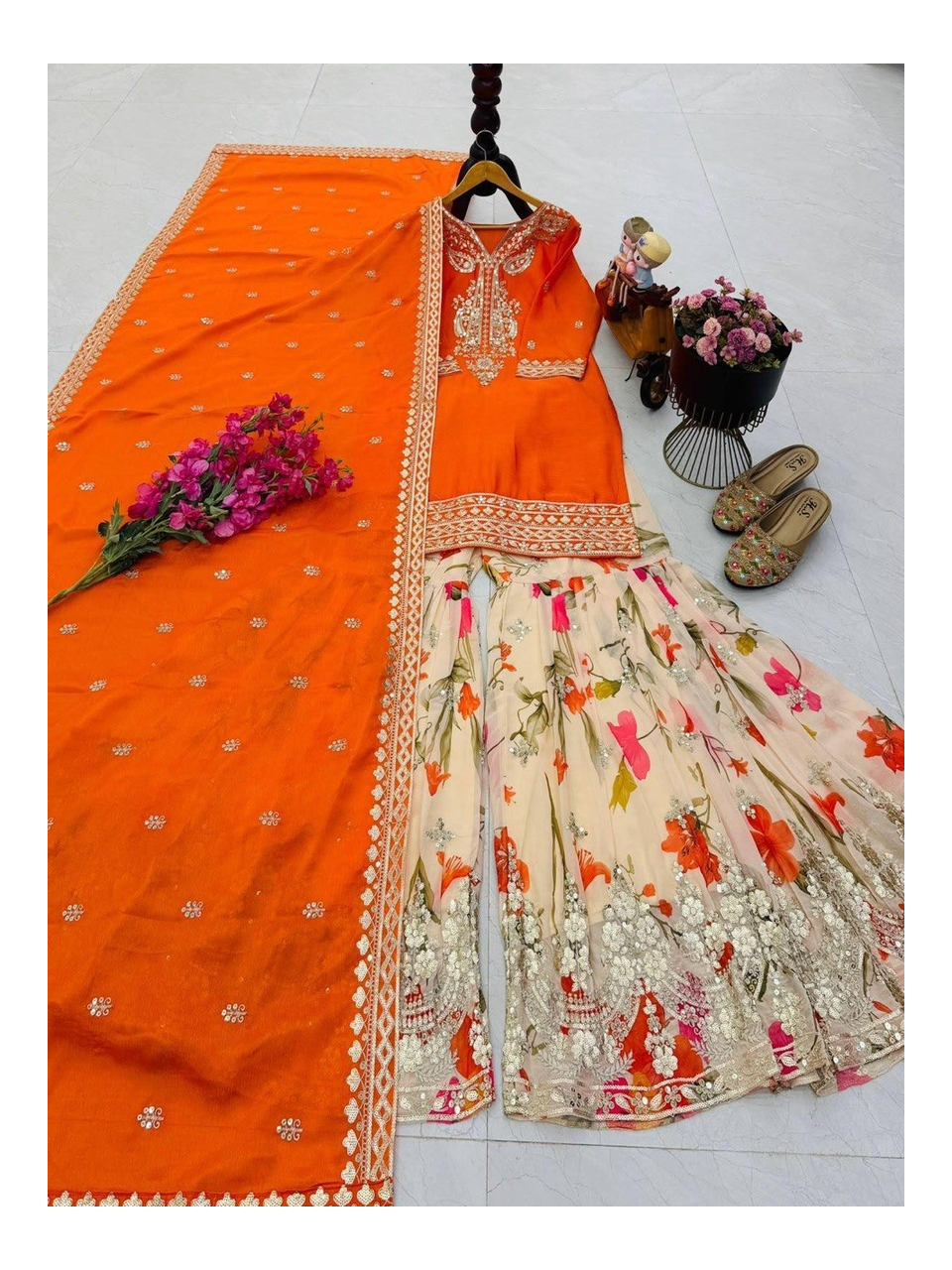 Chinon Silk Embroidered Sharara Suit Set with Fox Georgette Sharara, Sequined Work, Round Neck Top and Silk Dupatta