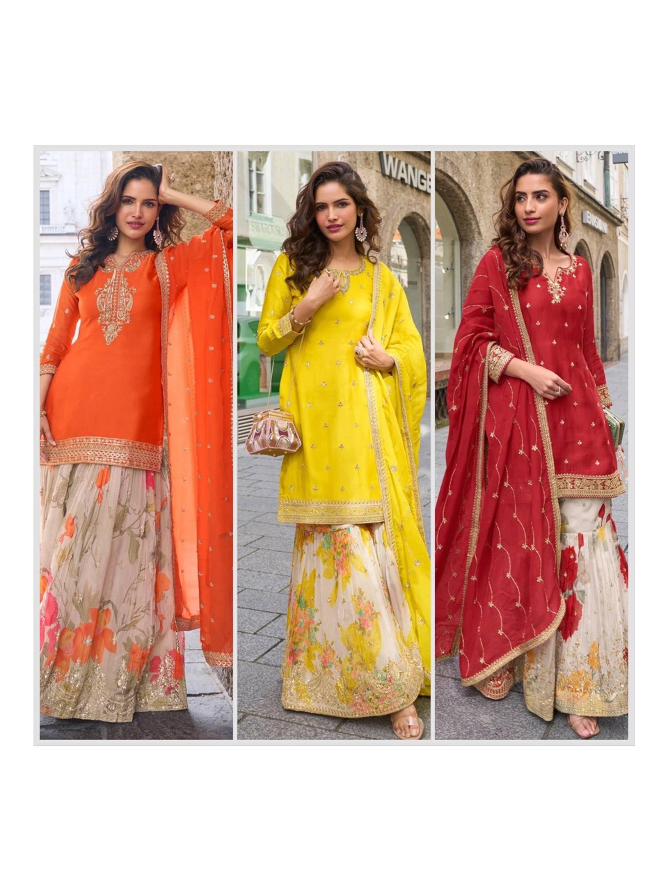 Chinon Silk Embroidered Sharara Suit Set with Fox Georgette Sharara, Sequined Work, Round Neck Top and Silk Dupatta