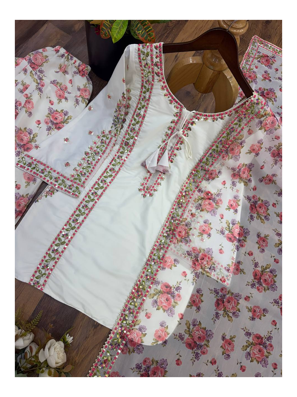 Pure Natural Crape Embroidered Full‑Sleeve Top with Heavy Sequence Work, Faux Georgette Digital Print Farshi Pant and Fox Georgette Embroidered Dupatta