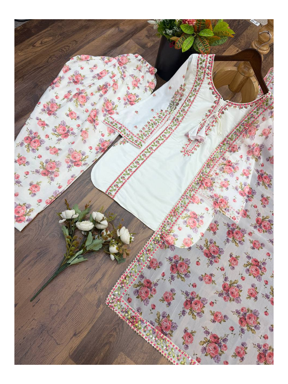 Pure Natural Crape Embroidered Full‑Sleeve Top with Heavy Sequence Work, Faux Georgette Digital Print Farshi Pant and Fox Georgette Embroidered Dupatta