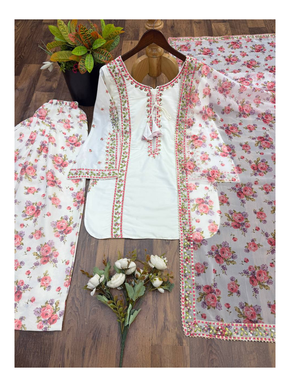 Pure Natural Crape Embroidered Full‑Sleeve Top with Heavy Sequence Work, Faux Georgette Digital Print Farshi Pant and Fox Georgette Embroidered Dupatta