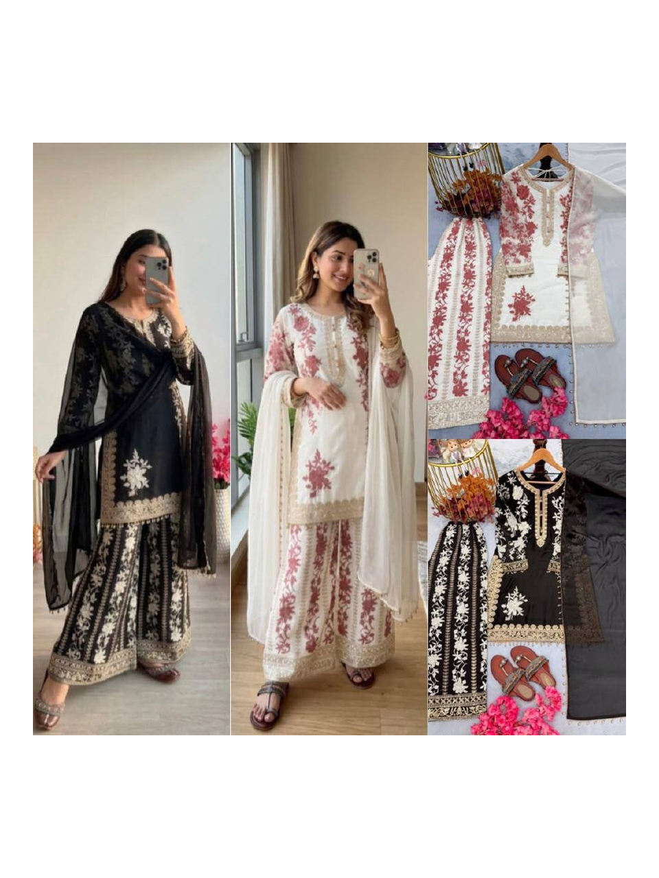 Designer Party Wear Set Featuring Heavy Star Georgette Top with 3mm Sequence Embroidery, Matching Plazzo and Lace‑Border Dupatta