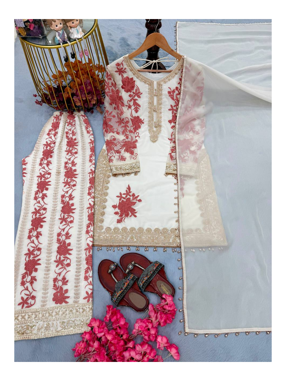 Designer Party Wear Set Featuring Heavy Star Georgette Top with 3mm Sequence Embroidery, Matching Plazzo and Lace‑Border Dupatta
