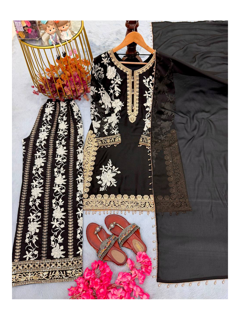Designer Party Wear Set Featuring Heavy Star Georgette Top with 3mm Sequence Embroidery, Matching Plazzo and Lace‑Border Dupatta