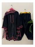 Elegant Farsi Style Black Farshi Salwar Suit Set in Roman Glass Silk with Floral Embroidery, Sequence & Rivet Moti Work, Fully Stitched, GMY Silk Dupatta