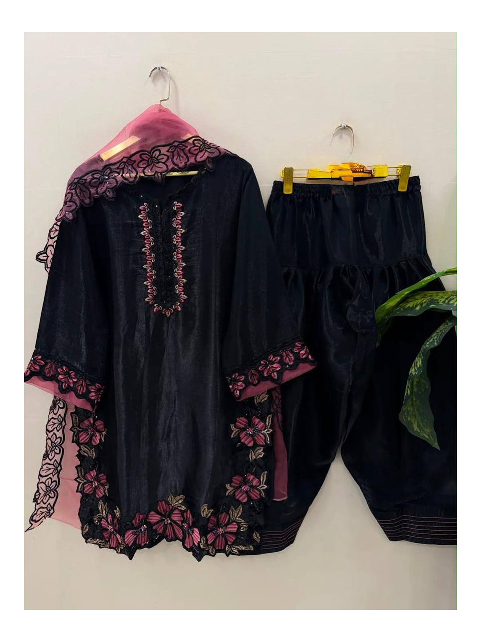Elegant Farsi Style Black Farshi Salwar Suit Set in Roman Glass Silk with Floral Embroidery, Sequence & Rivet Moti Work, Fully Stitched, GMY Silk Dupatta