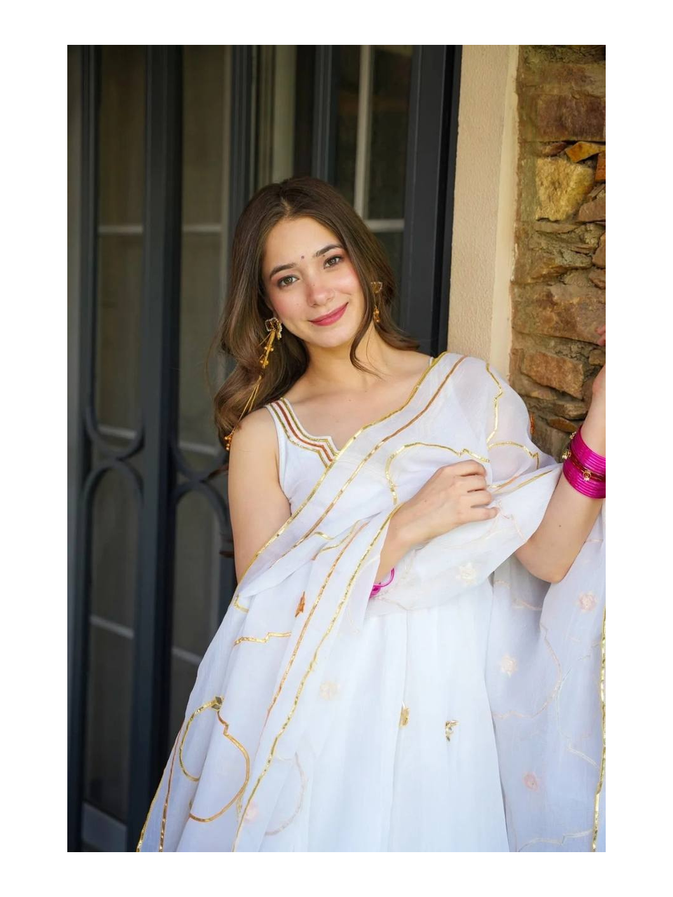 Pure White Organza Anarkali Set with Golden Gotta Patti Floral Embroidery, Scalloped Neckline and Matching Organza Dupatta