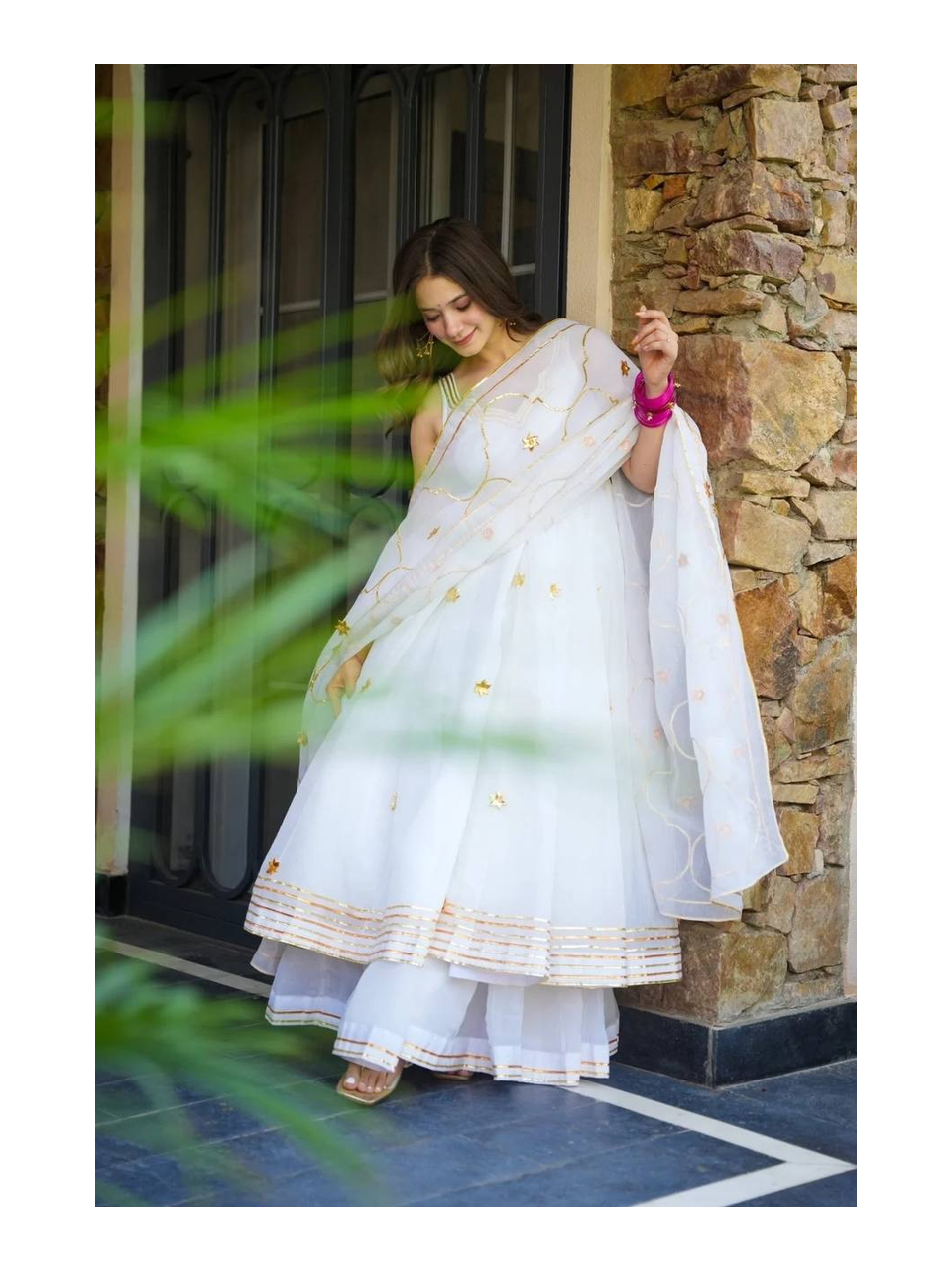 Pure White Organza Anarkali Set with Golden Gotta Patti Floral Embroidery, Scalloped Neckline and Matching Organza Dupatta