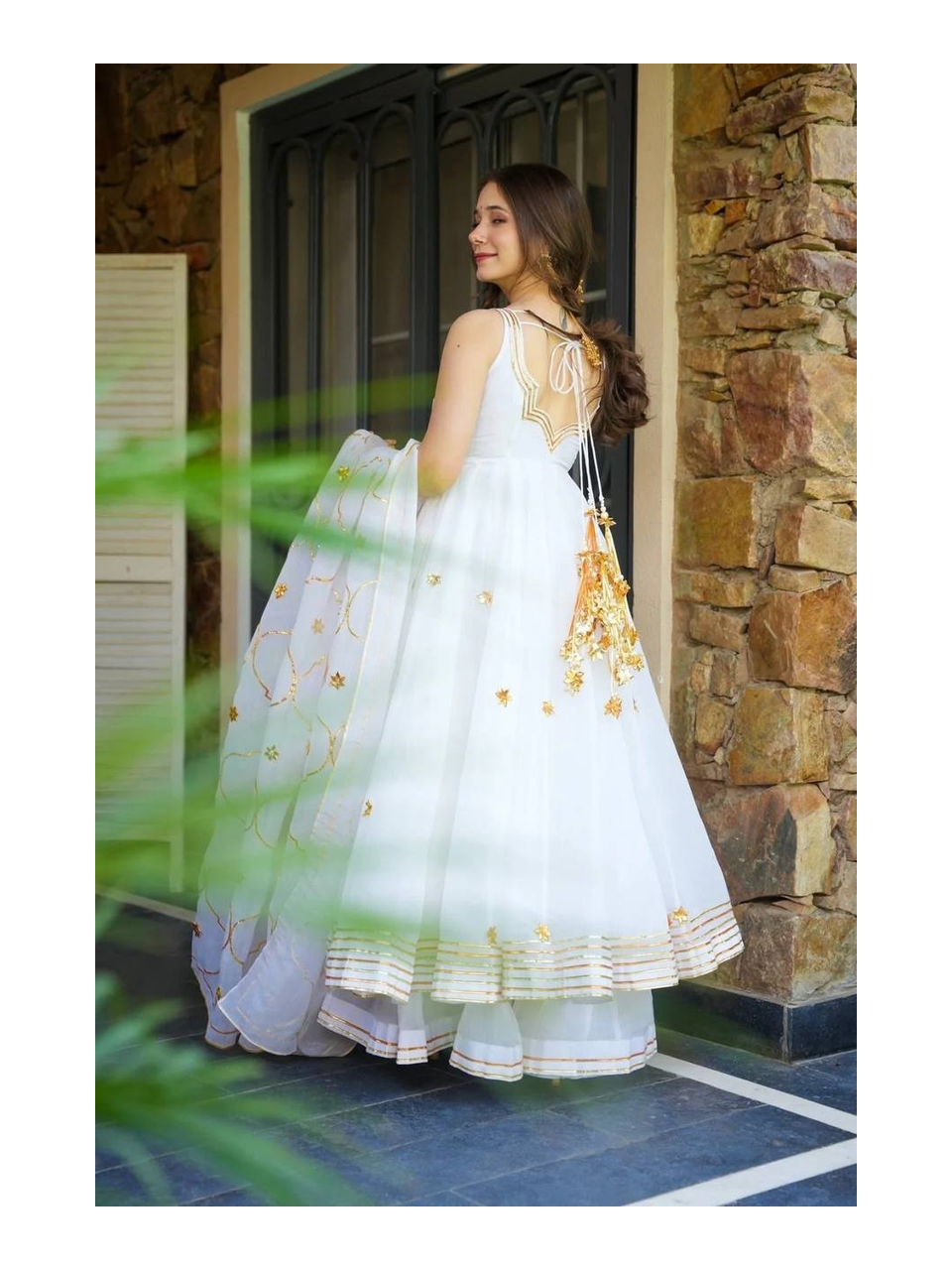 Pure White Organza Anarkali Set with Golden Gotta Patti Floral Embroidery, Scalloped Neckline and Matching Organza Dupatta