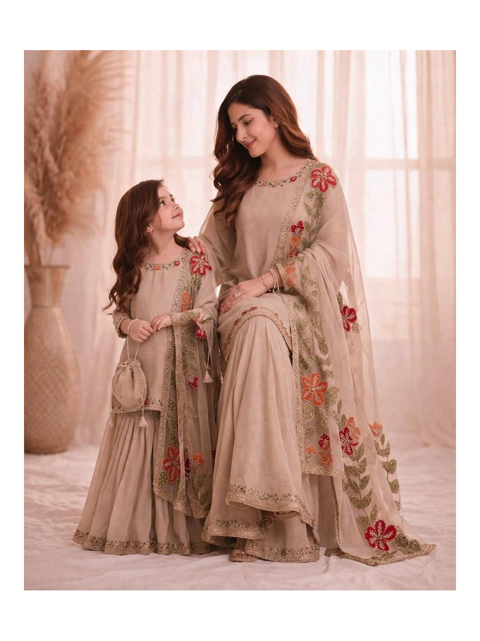 Designer Mother‑Daughter GMY Silk Top, Embroidered Sharara & Organza Silk Dupatta Set with Micro‑Cotton Lining