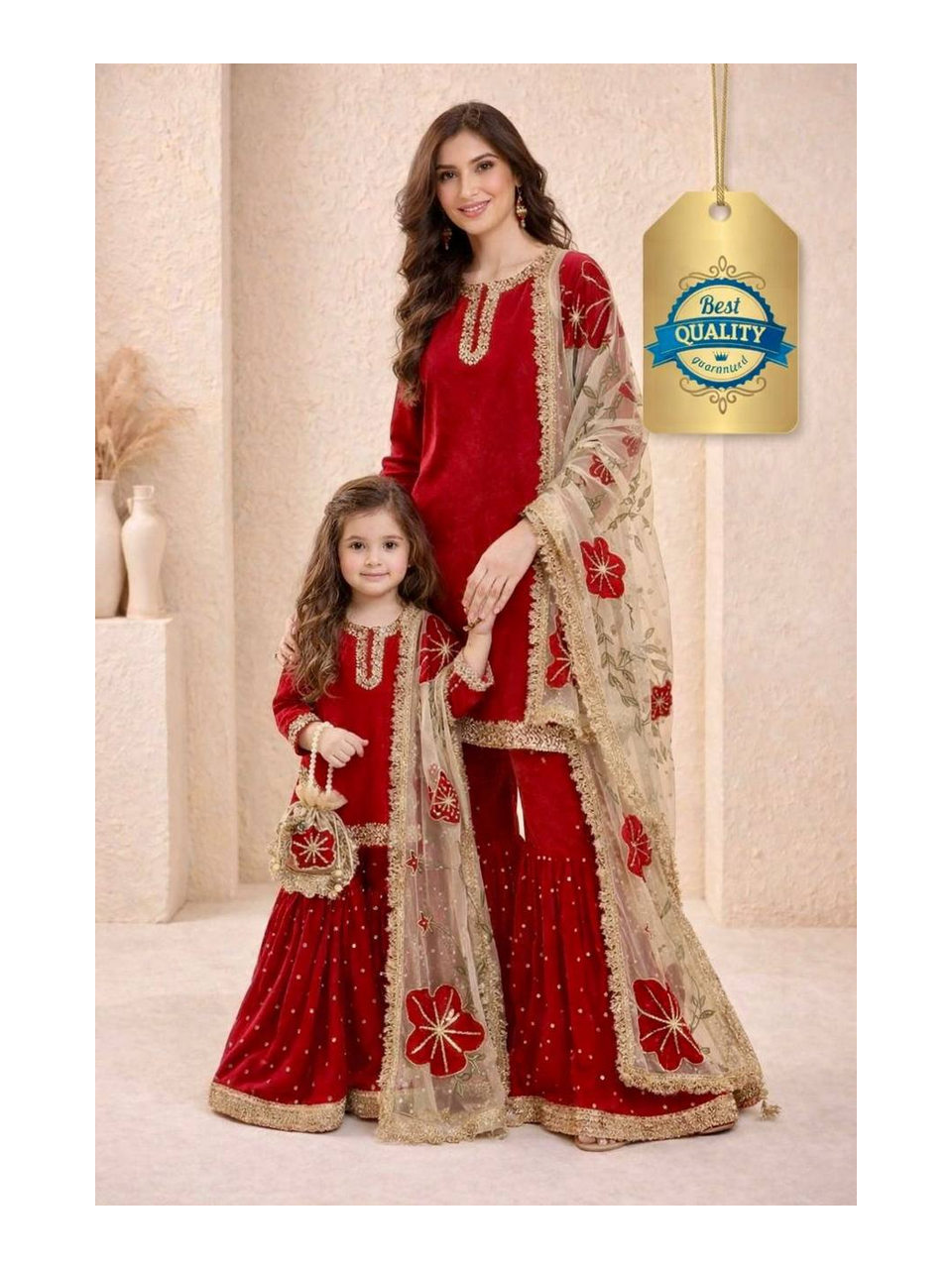 Designer Mother‑Daughter GMY Silk Top, Embroidered Sharara & Organza Silk Dupatta Set with Micro‑Cotton Lining
