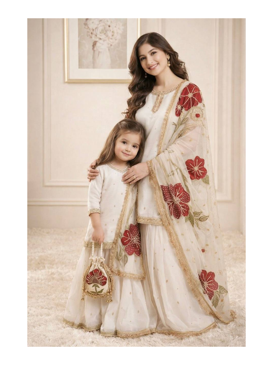 Designer Mother‑Daughter GMY Silk Top, Embroidered Sharara & Organza Silk Dupatta Set with Micro‑Cotton Lining