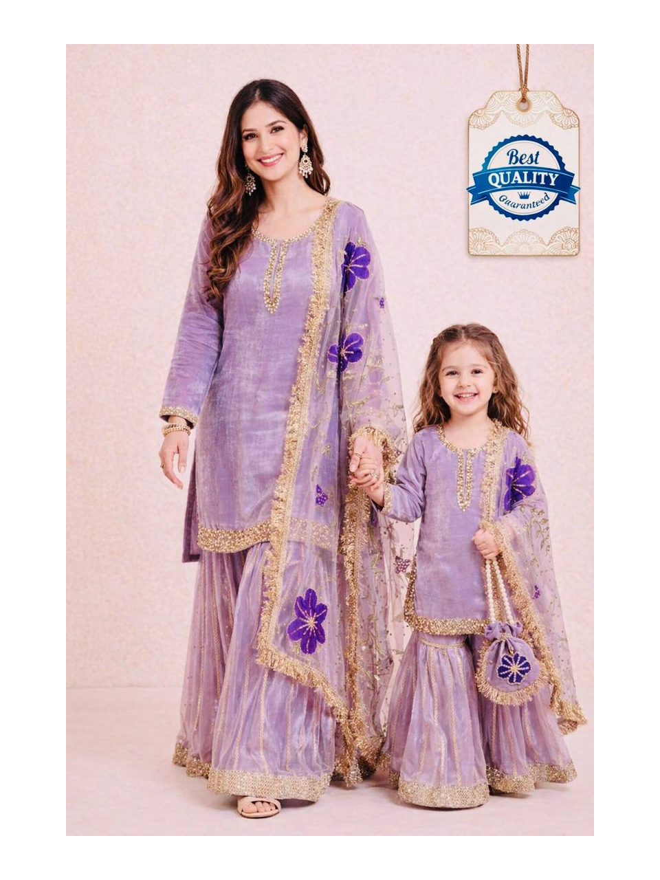 Designer Mother‑Daughter GMY Silk Top, Embroidered Sharara & Organza Silk Dupatta Set with Micro‑Cotton Lining