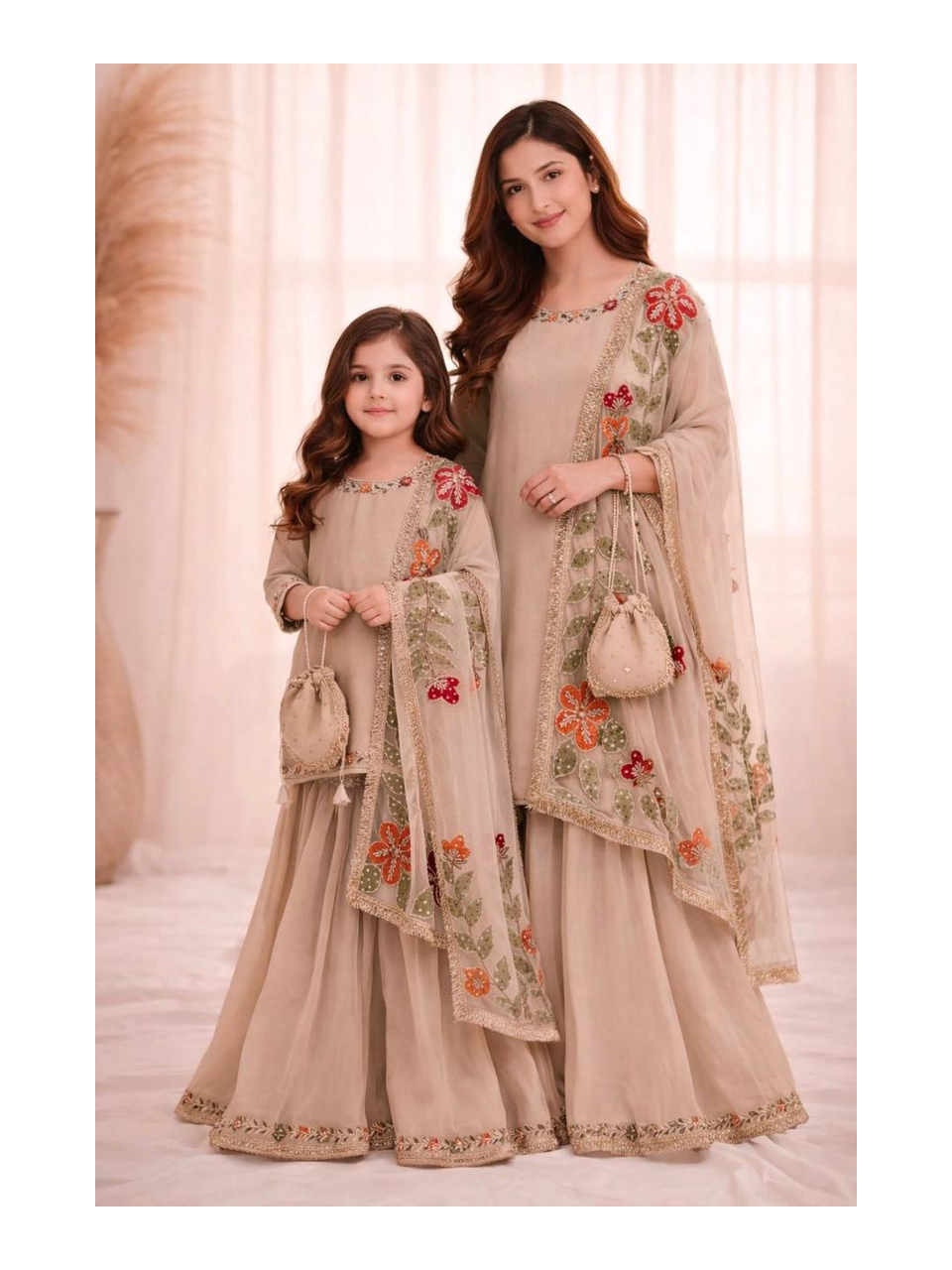 Designer Mother‑Daughter GMY Silk Top, Embroidered Sharara & Organza Silk Dupatta Set with Micro‑Cotton Lining