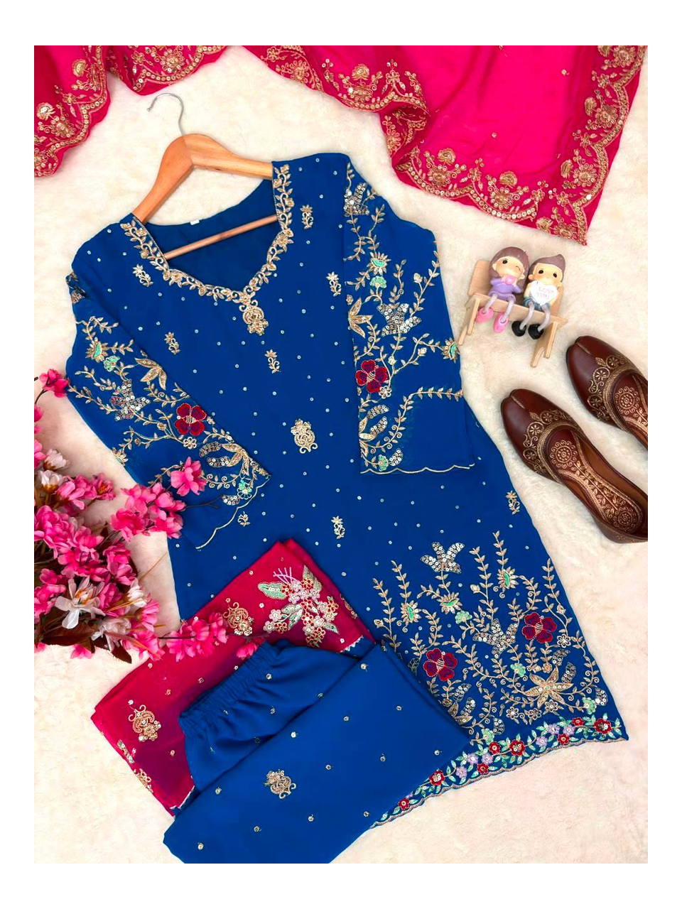Premium Georgette Kurti with Sequined Zari Embroidery, Fully Stitched Matching Plazzo and Heavy Georgette Dupatta