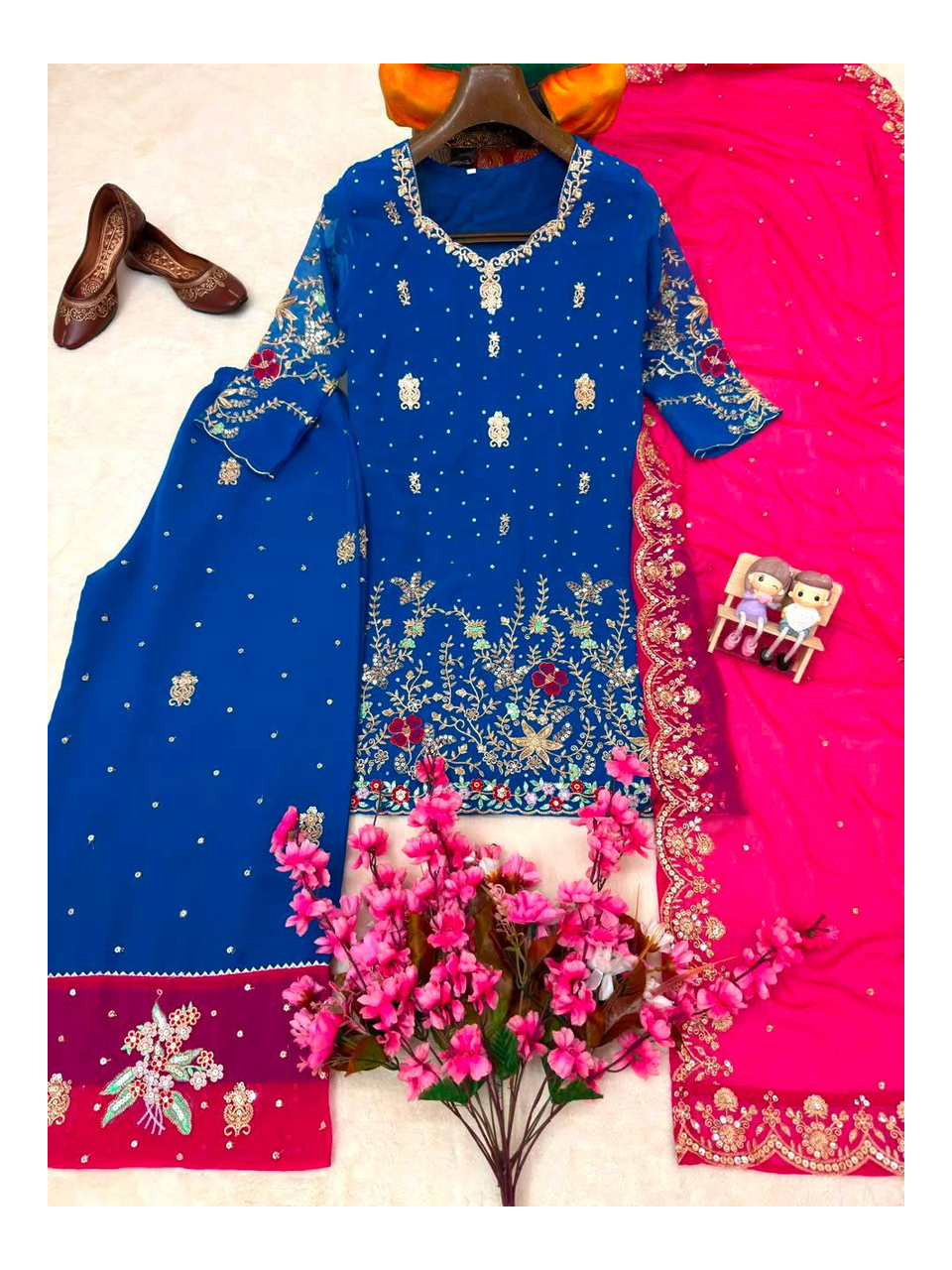 Premium Georgette Kurti with Sequined Zari Embroidery, Fully Stitched Matching Plazzo and Heavy Georgette Dupatta