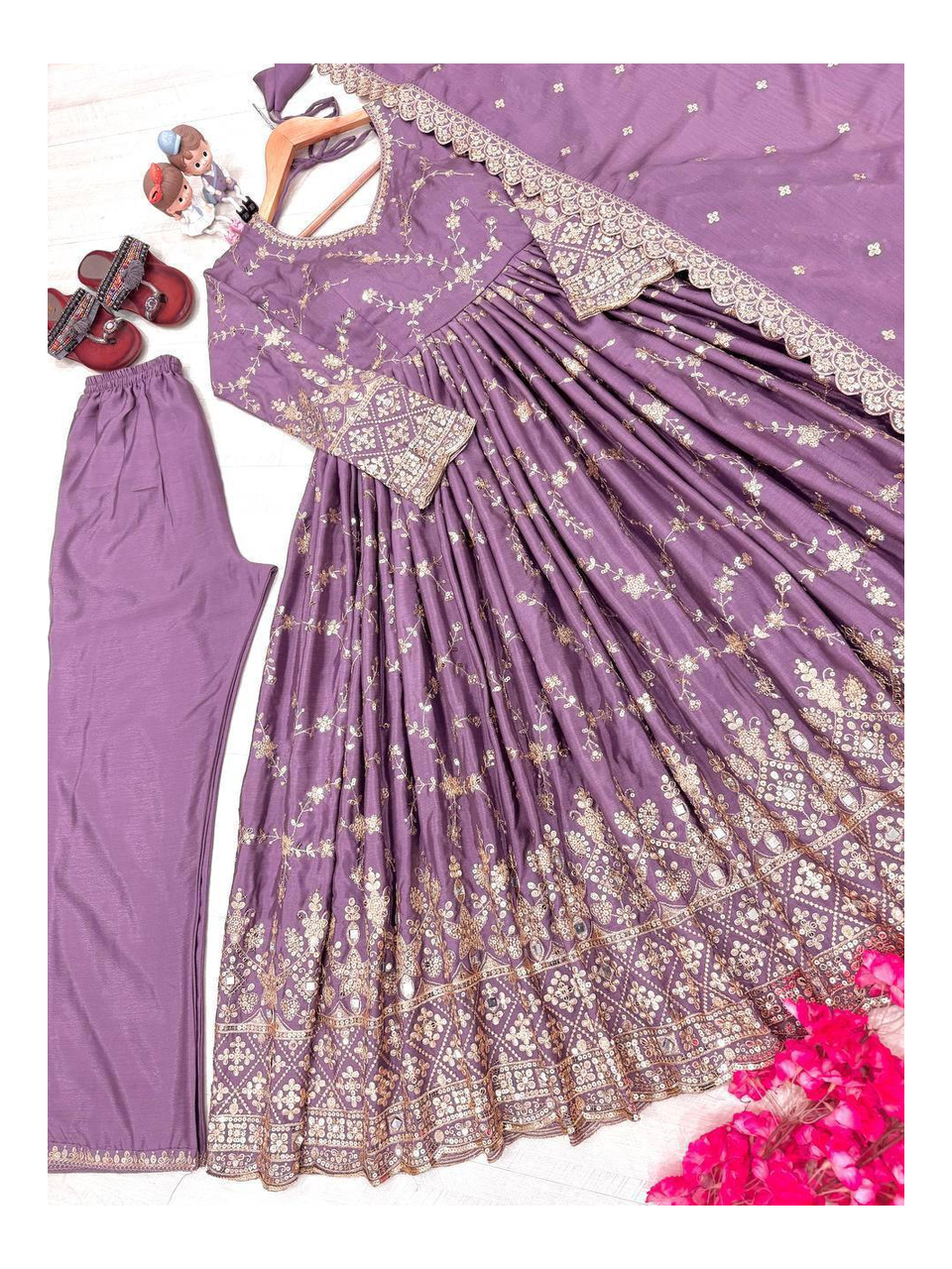 Glamorous Chinon Anarkali Set With Mirror Work Sleeves And Cut Work Dupatta