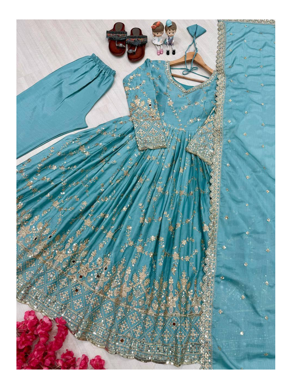Glamorous Chinon Anarkali Set With Mirror Work Sleeves And Cut Work Dupatta