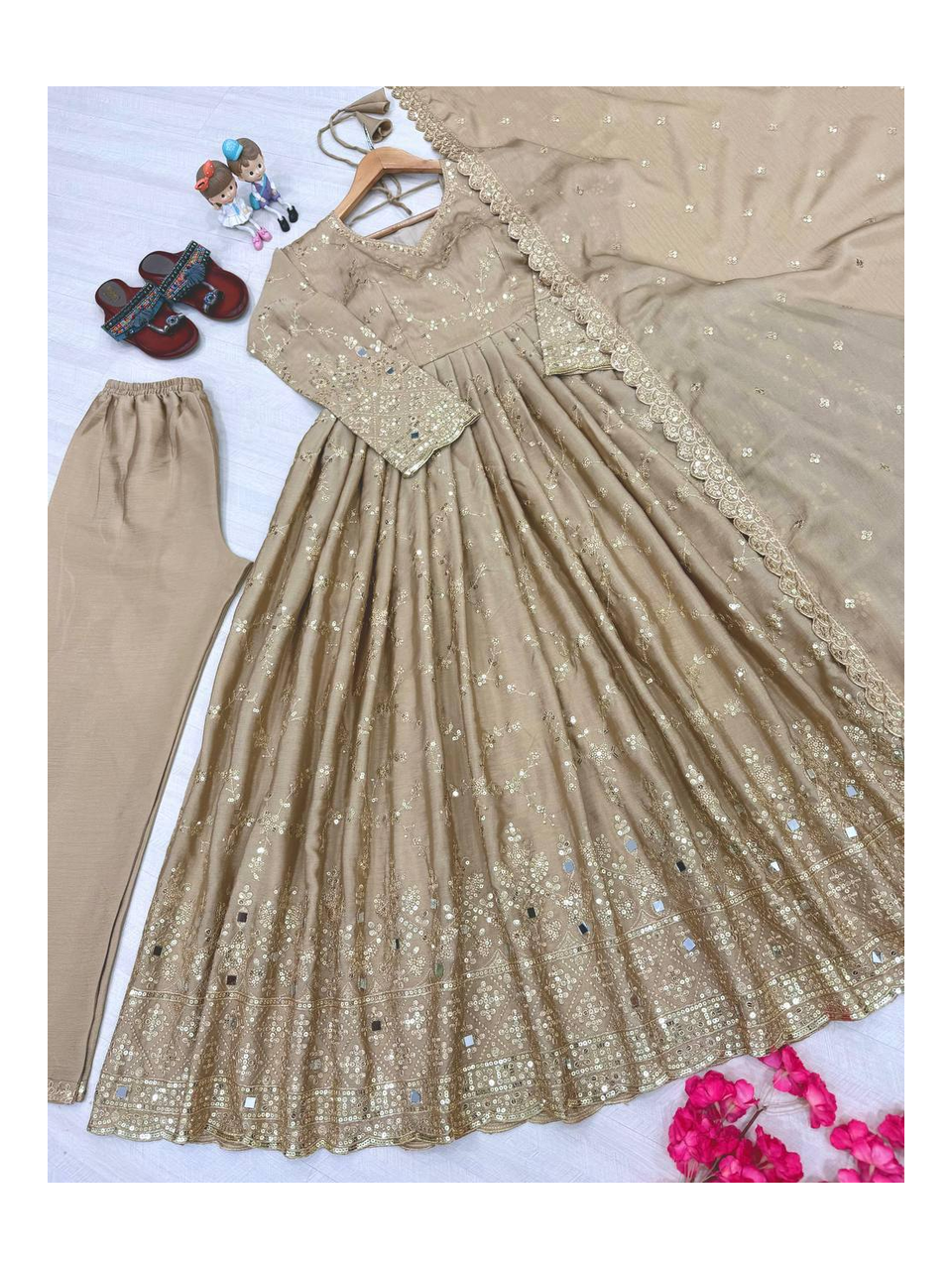 Glamorous Chinon Anarkali Set With Mirror Work Sleeves And Cut Work Dupatta